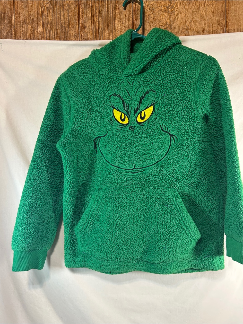 Kids Green Sherpa Hoodie with Character Face - Cozy Pull-On Sweatshirt